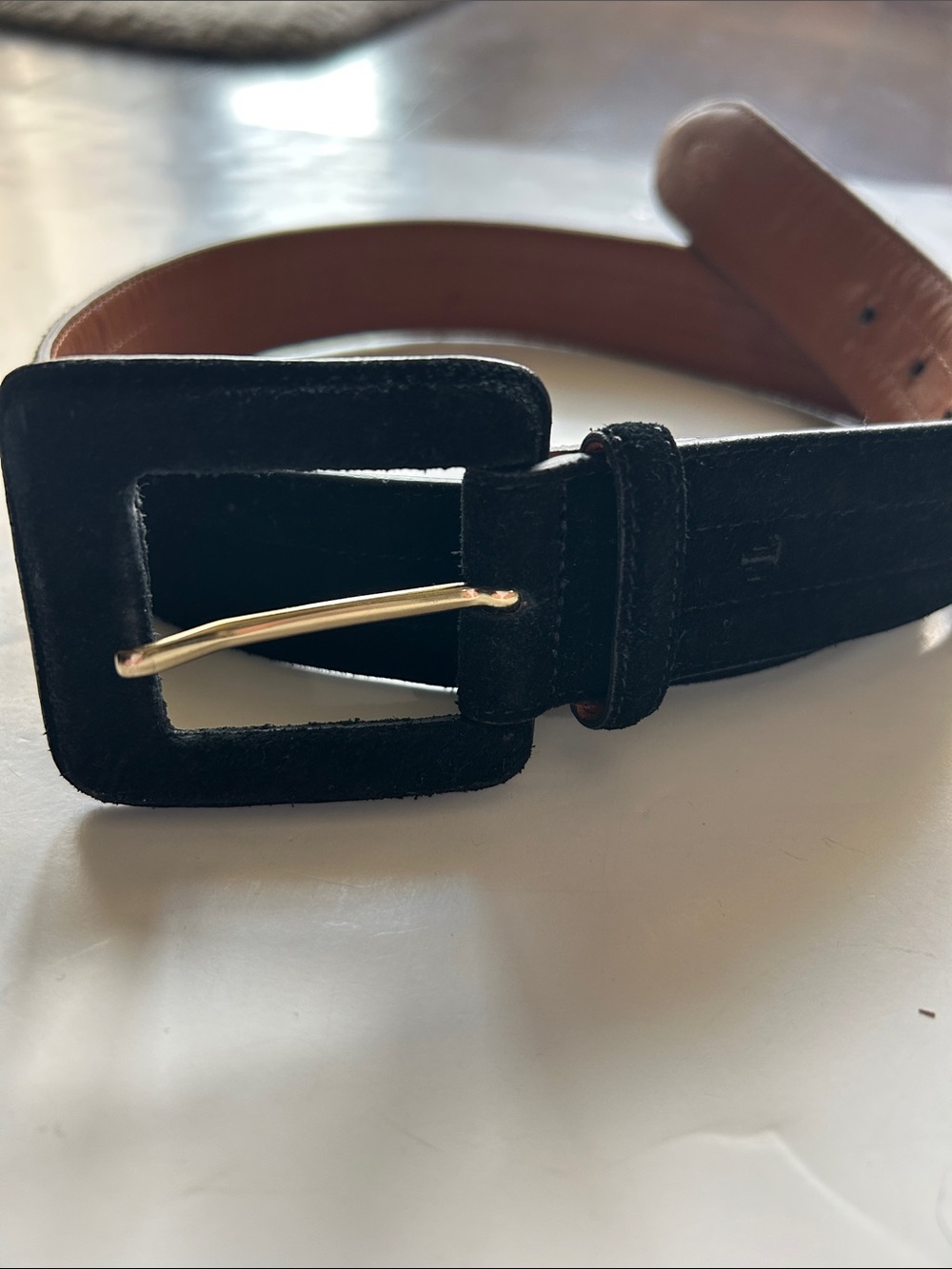 Lauren Ralph Lauren Black Suede Belt with Gold-Tone Buckle M